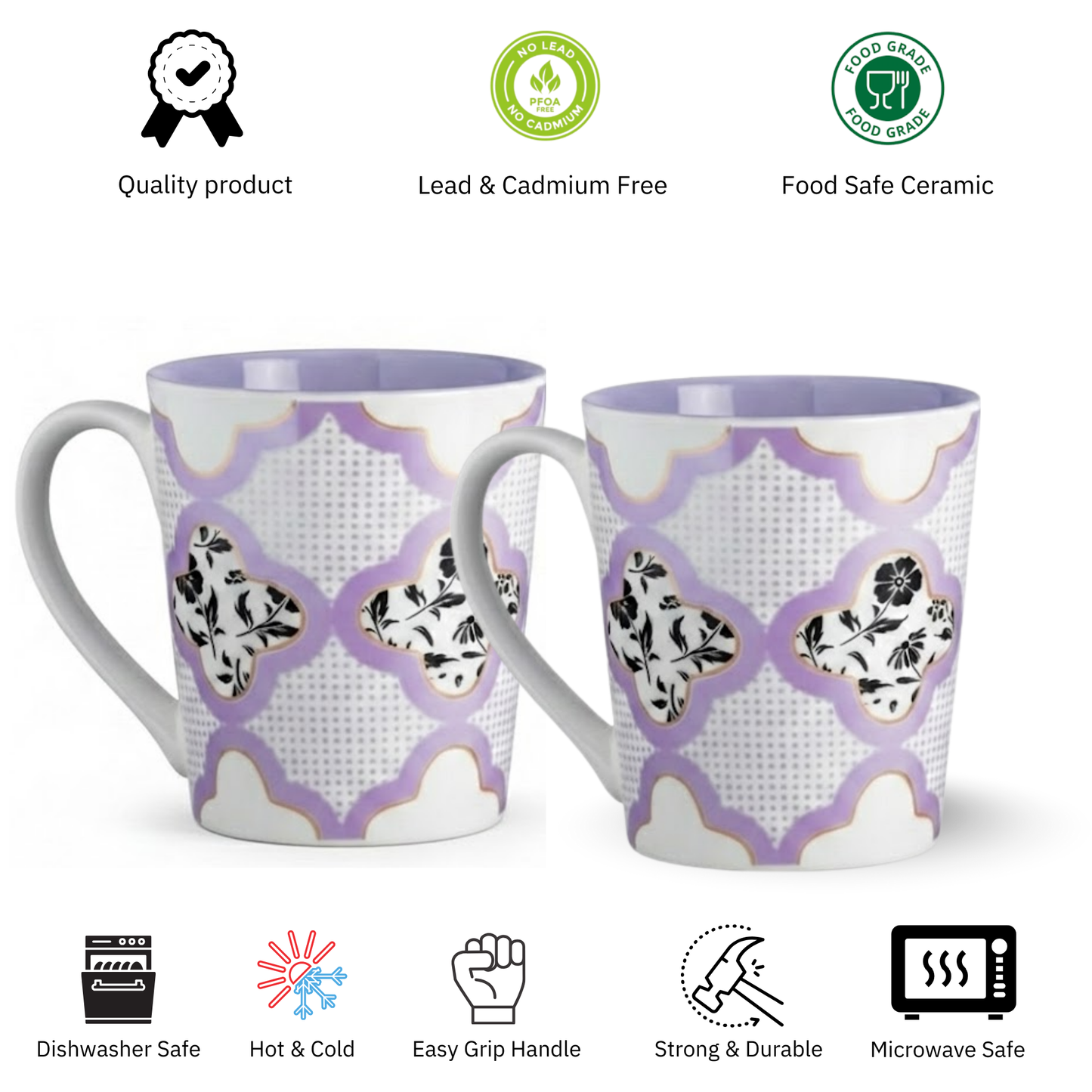 Clay Craft Lucas Pebble Purple Porcelain Mug  Set of 2, 350 ml Perfect for Tea, Coffee & Milk