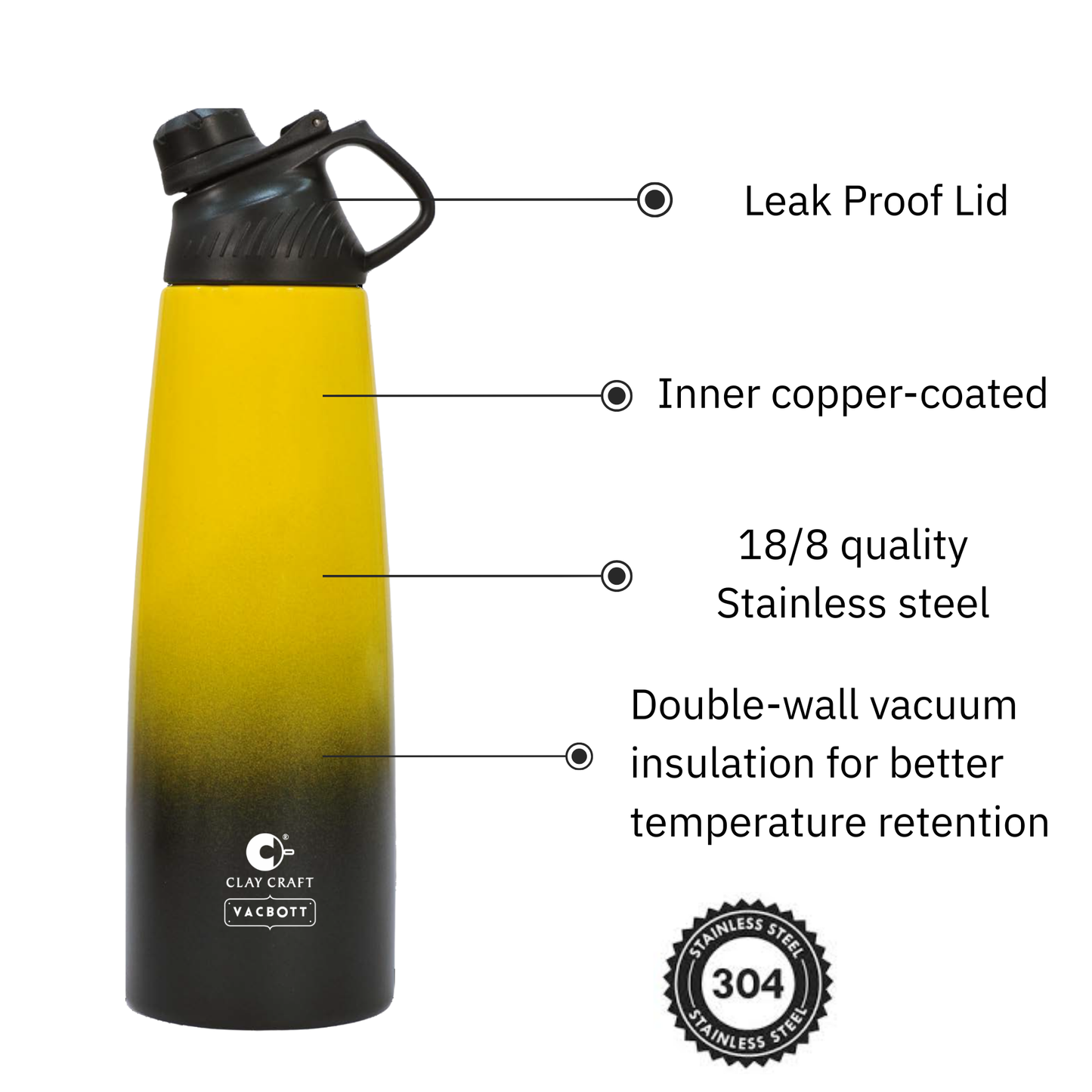 Vacbott Canon Duo Vacuum Insulated Double Walled Water Bottle 18 Hrs Hot & 24 Hrs Cold Stainless Steel Flask, BIS Certified, 1060ml
