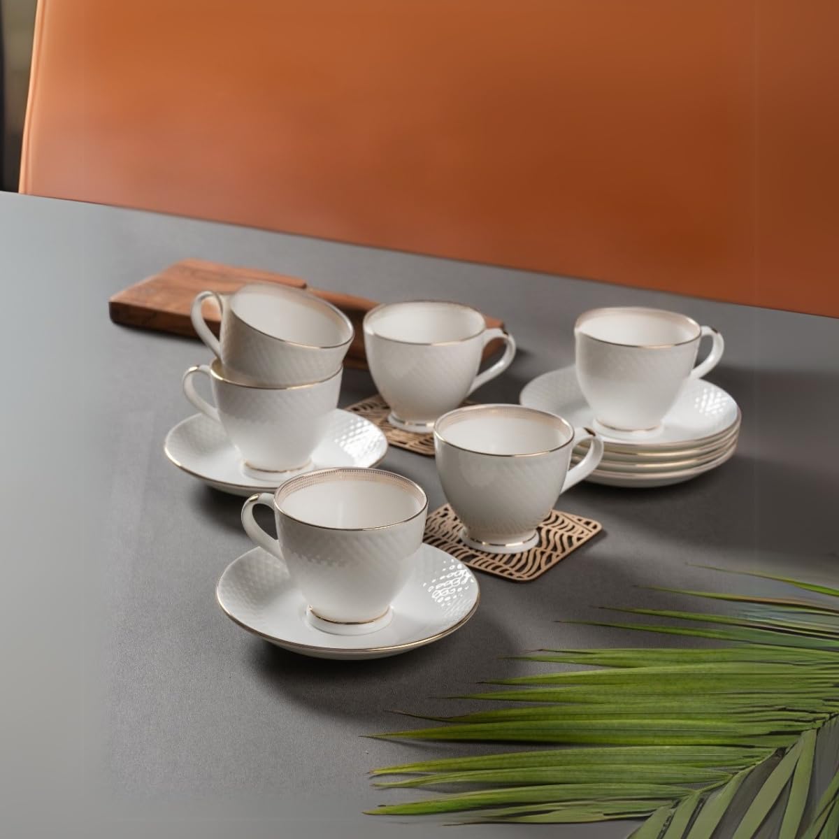 Diamond Impression Cup & Saucer, 210 ml, Set of 12 (6 Cups + 6 Saucers) (1410)