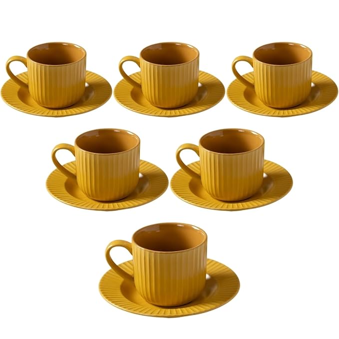 Linea Pebble Mustard Cup & Saucer, Set of 12 (6 Cups + 6 Saucers), 170 ml