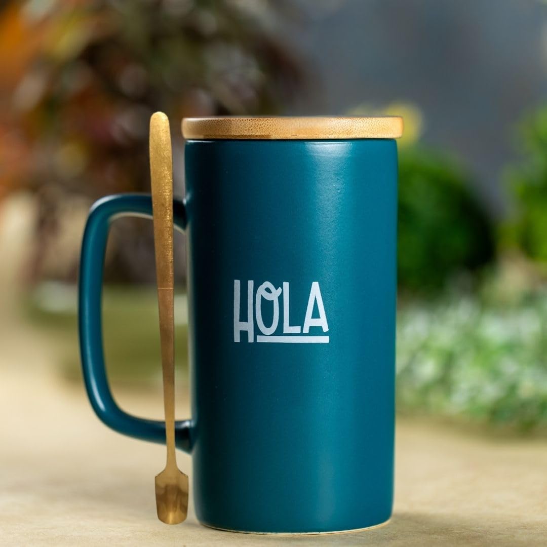 Clay Craft Premium Ceramic Coffee Mug with Bamboo Lid & Straw