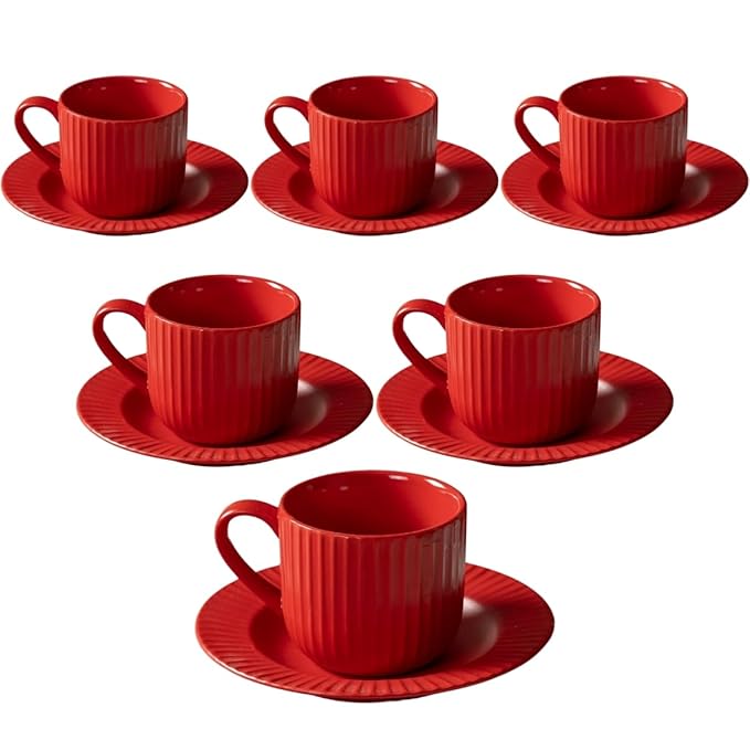 Linea Pebble Red Cup & Saucer, Set of 12 (6 Cups + 6 Saucers), 170 ml