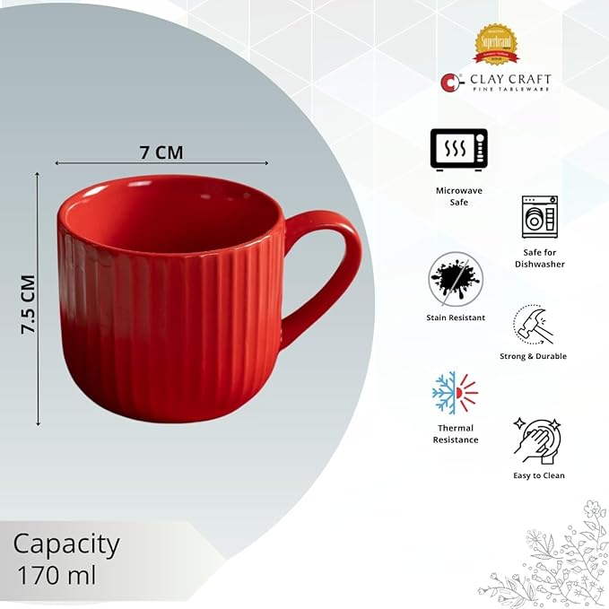 Linea Pebble Red Cup & Saucer, Set of 12 (6 Cups + 6 Saucers), 170 ml