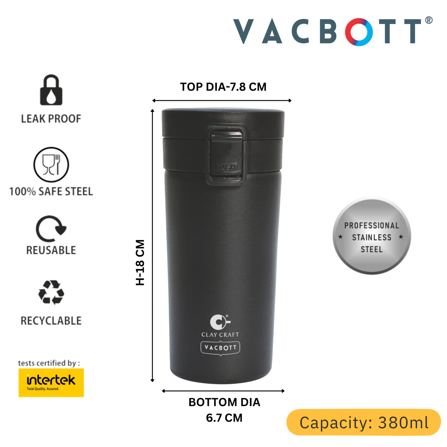Vacbott Caferoma Vacuum Insulated Double Walled Coffee Tumbler 18 Hrs Hot & 24 Hrs Cold Stainless Steel Flask, BIS Certified, 380ml