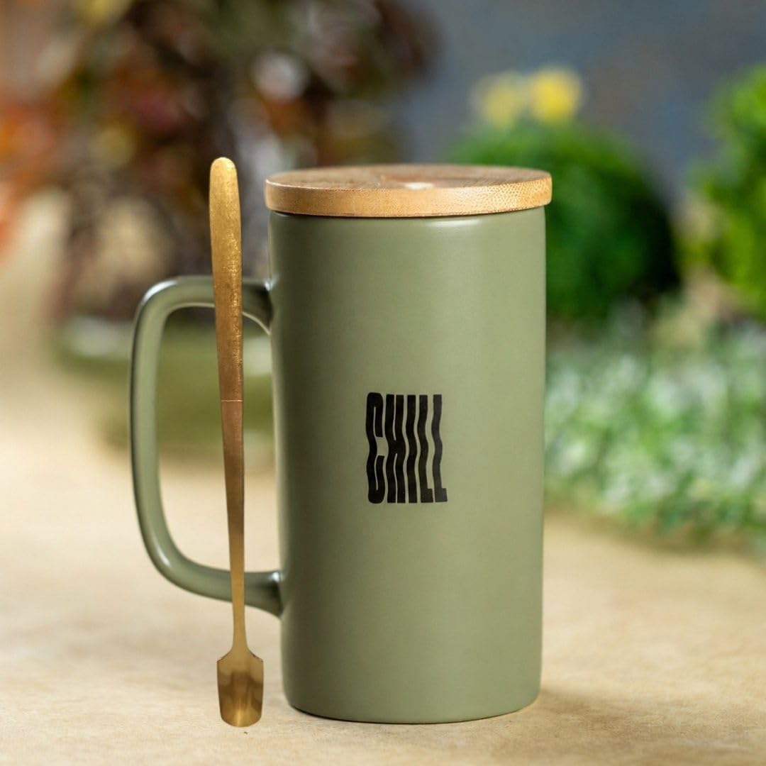 Clay Craft Premium Ceramic Coffee Mug with Bamboo Lid & Straw