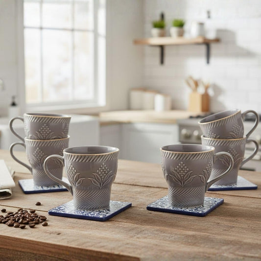 Clay Craft Aster Impression 1300 Coffee & Tea Mugs Set of 6, 120ml (GREY)
