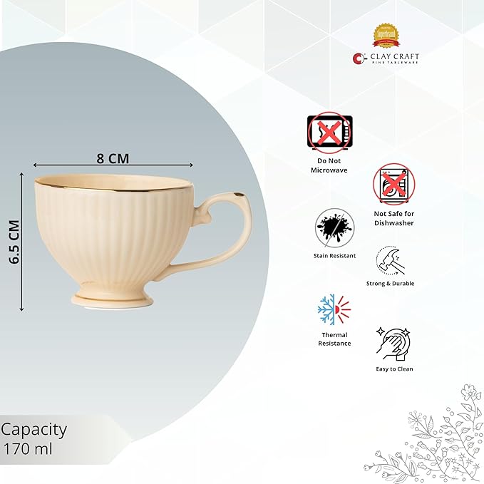 Julie Impression 1401 Elegant Cup & Saucer, Set of 12 (6 Cups + 6 Saucers) (IVORY)