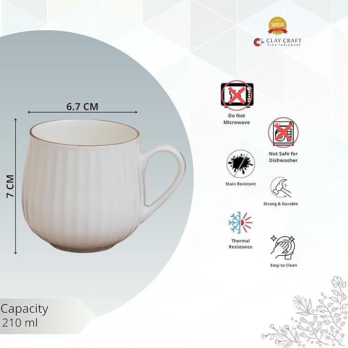 Clay Craft Julie Impression Coffee Mugs Set of 6, 210 ml (1101)