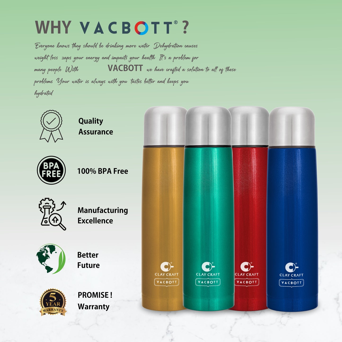 Vacbott Vaccum Bottle, Terra Double Walled 24 Hours Hot and Cold Water Bottle