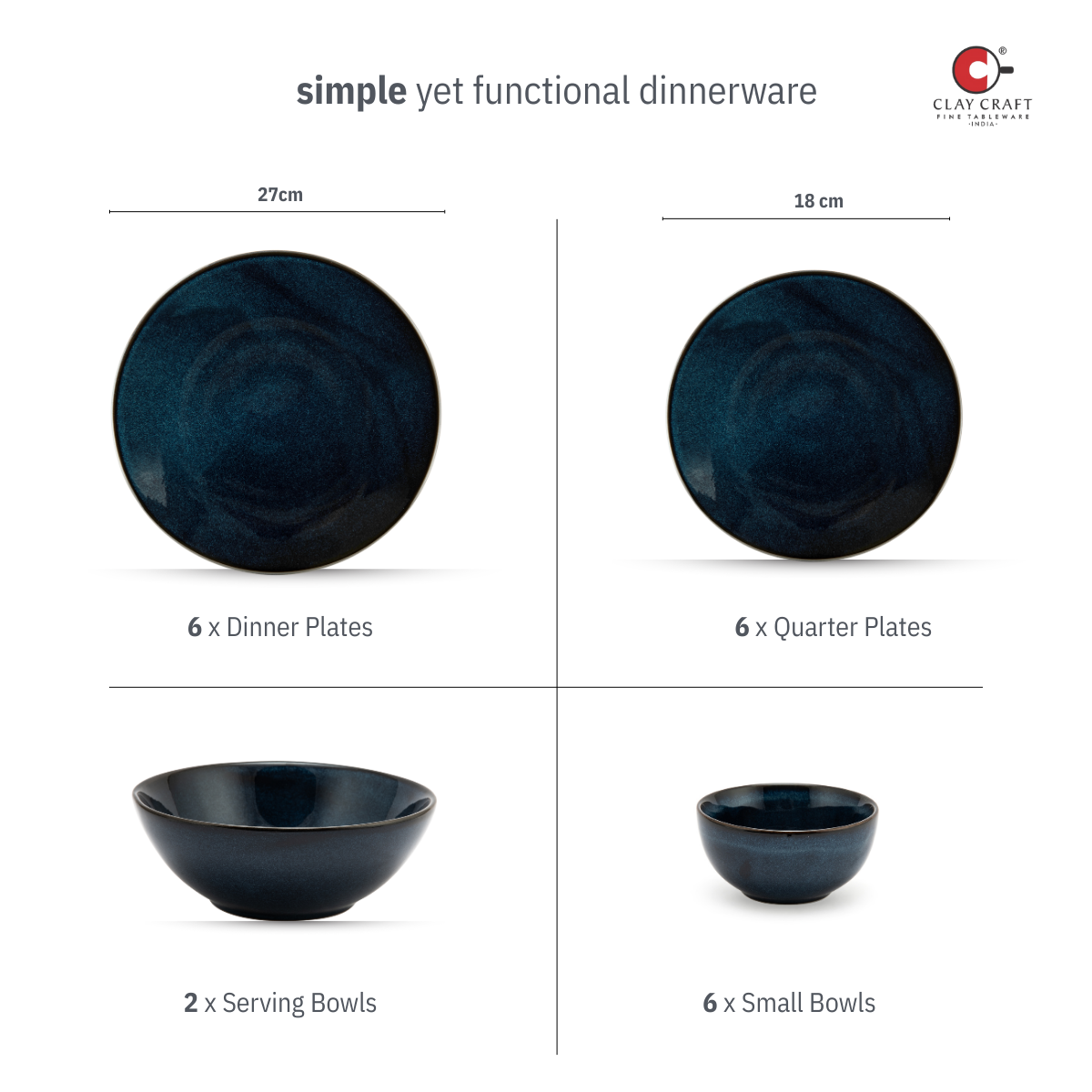 Clay Craft Stoneware Coupe Pebble Midnight Blue Dinner Set of 20 Pcs