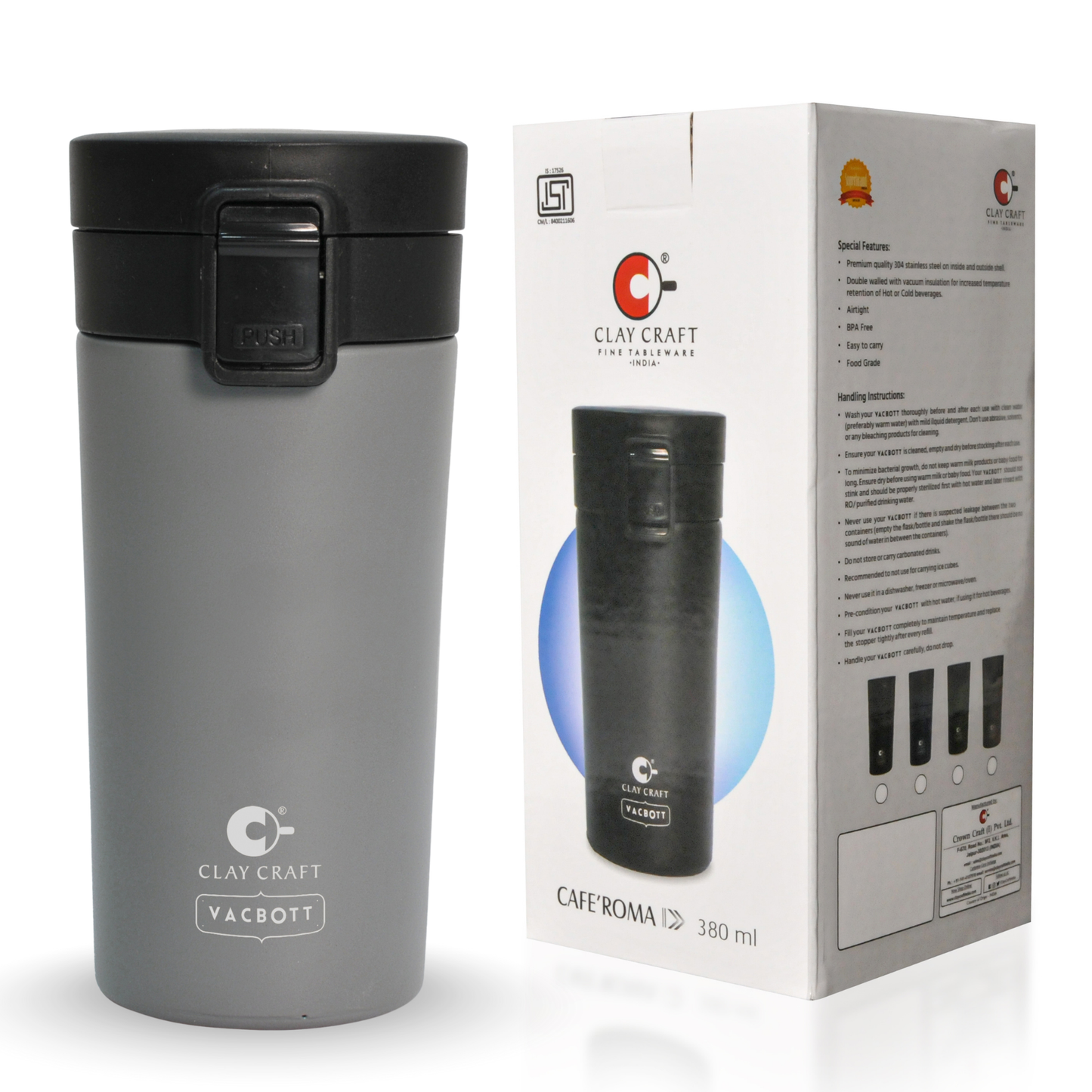Vacbott Caferoma Vacuum Insulated Double Walled Coffee Tumbler 18 Hrs Hot & 24 Hrs Cold Stainless Steel Flask, BIS Certified, 380ml