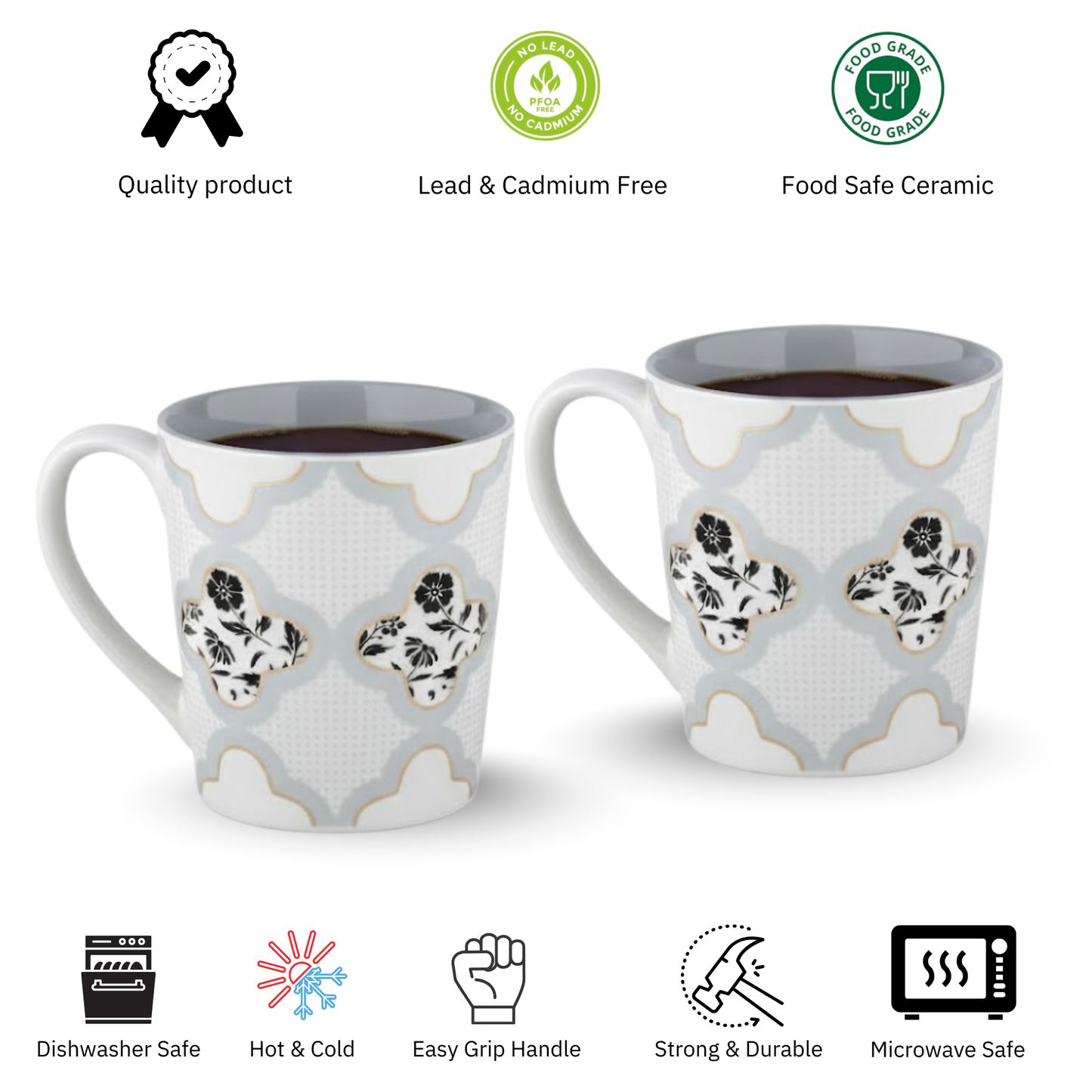 Clay Craft Lucas Pebble Grey Porcelain Mug  Set of 2, 350 ml Perfect for Tea, Coffee & Milk