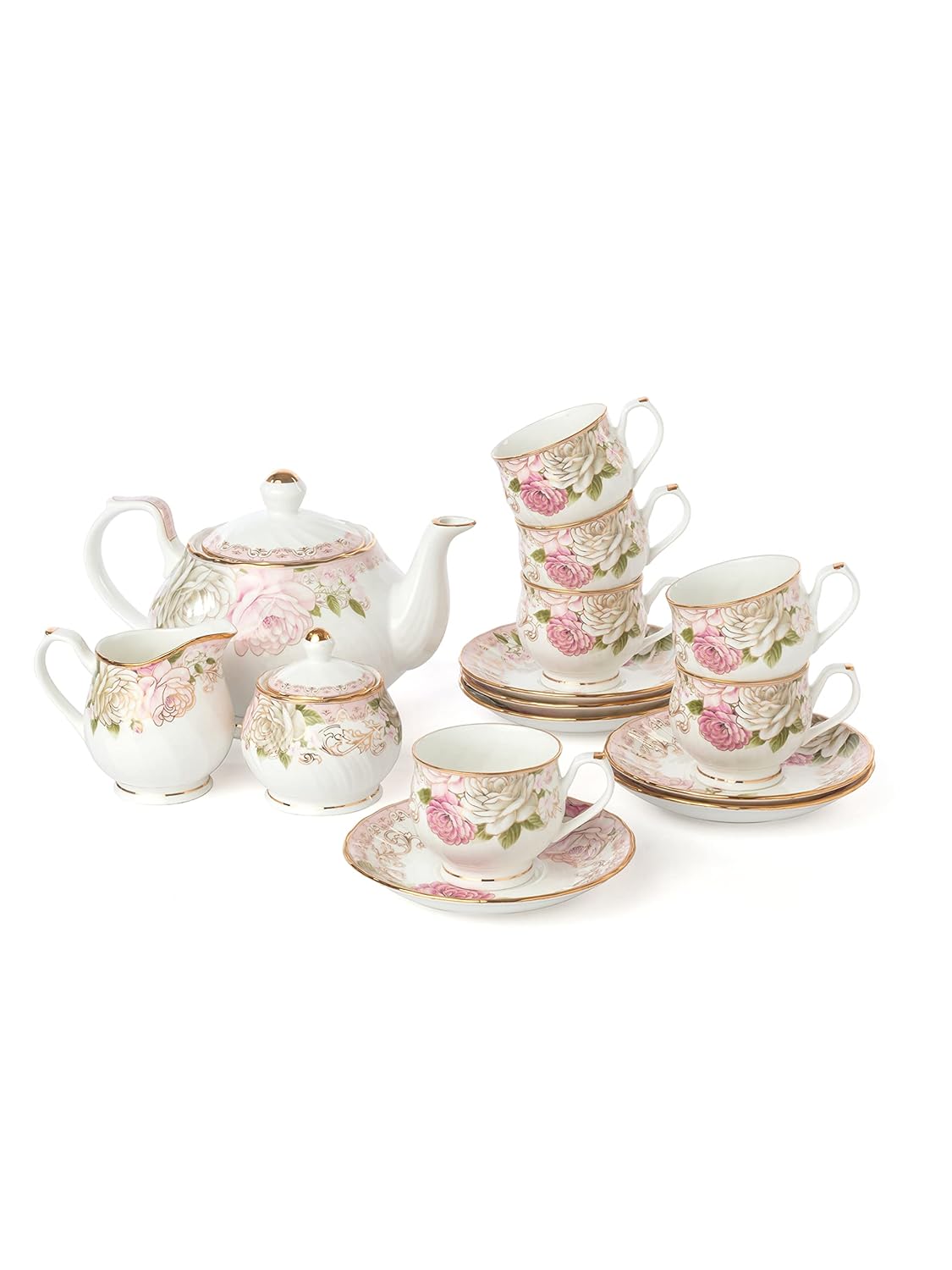 Karina Rose Gold Print Premium Fine Ceramic Tea Set of 15 Pcs (1 Kettle + 6 Cups + 6 Saucers + 1 Milk Pot + 1 Sugar Pot)