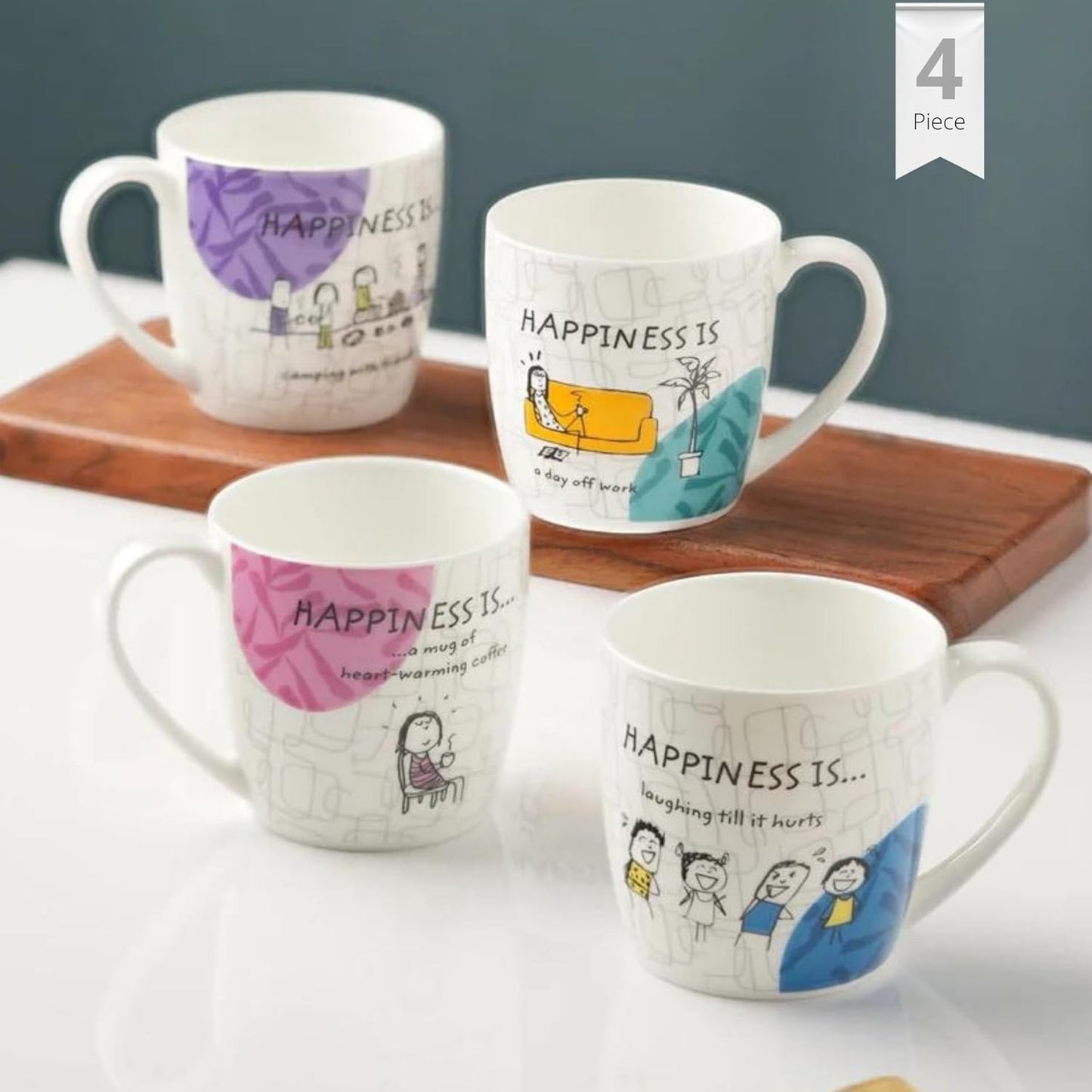 Happiness Is... Alton Medium Coffee Mug Tea Cups 210ml, Set of 4 (Delight)