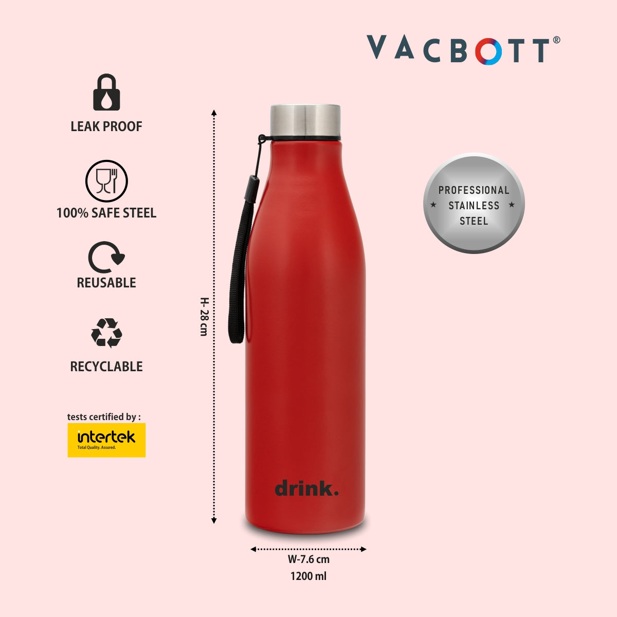 Vacbott Bingo Single Walled Non Insulated Water Bottle, 1200ml