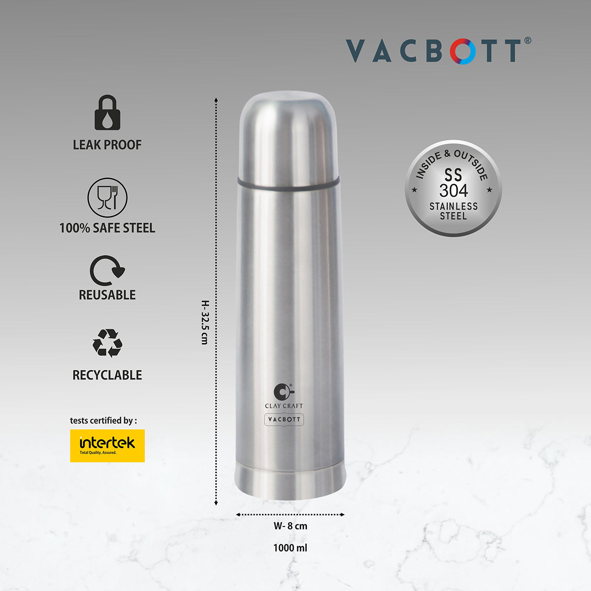 Vacbott Vaccum Bottle, Terra Double Walled 24 Hours Hot and Cold Water Bottle with Bag, Silver