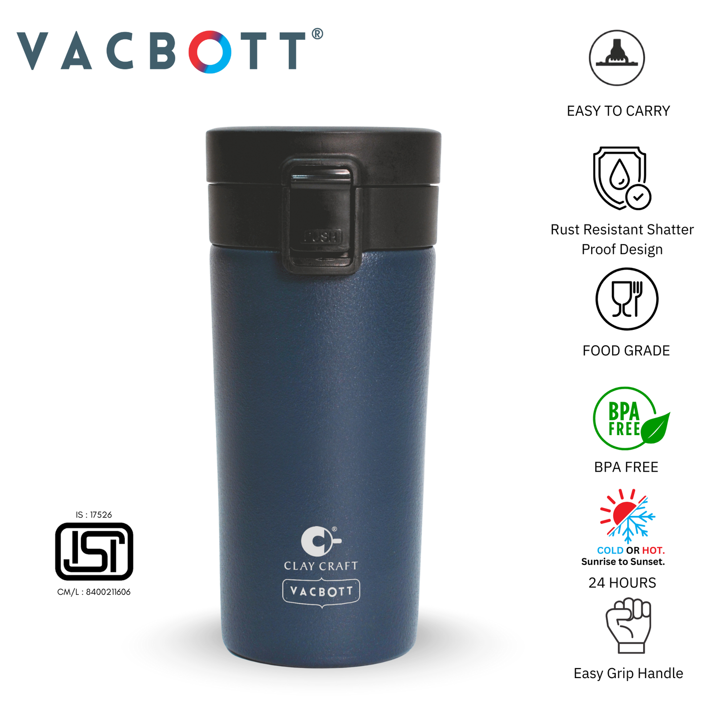 Vacbott Vacuum Insulated Caferoma Tumbler Double Walled 24 Hours Hot and Cold Mug 380 ml