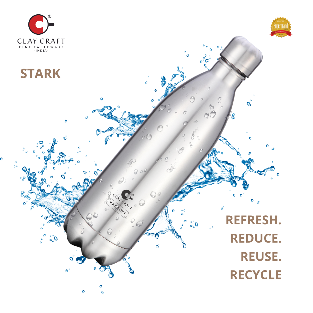 Vacbott Vaccum Bottle, 1000ml Stark Double Walled 24 Hours Hot and Cold Water Bottle with Bag, 1000 ml, Sky Blue