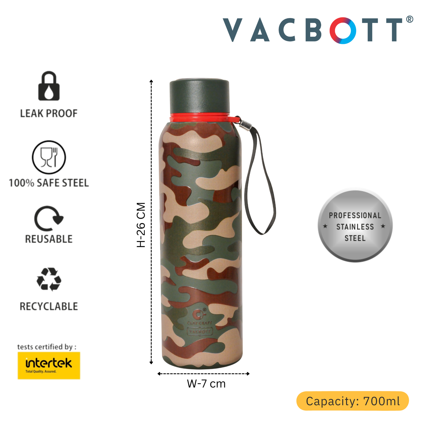 Vacbott Vacuum Bottle, Everest Military Double Walled 24 hours Cold & 18 hours Hot, 700ml
