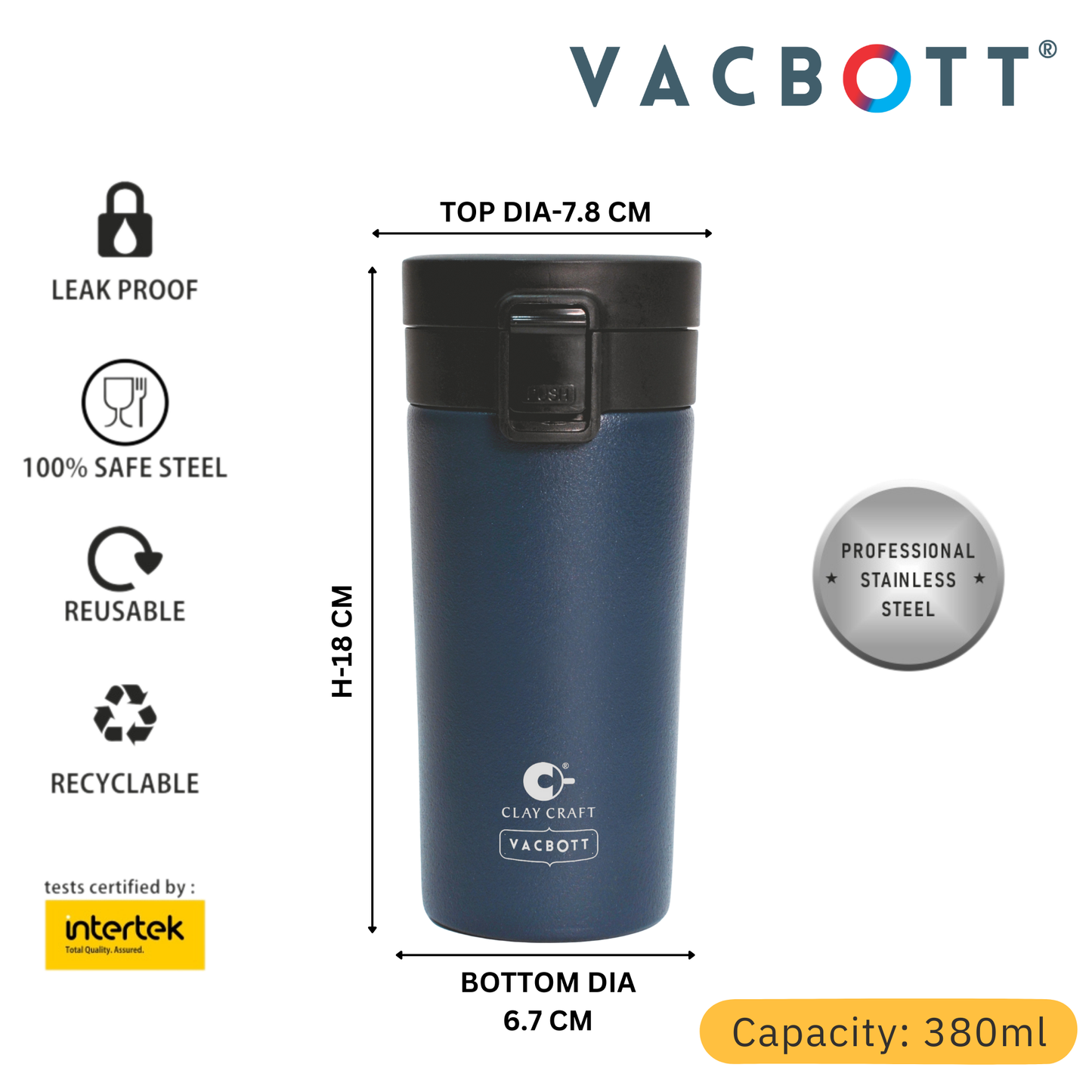 Vacbott Vacuum Insulated Caferoma Tumbler Double Walled 24 Hours Hot and Cold Mug 380 ml