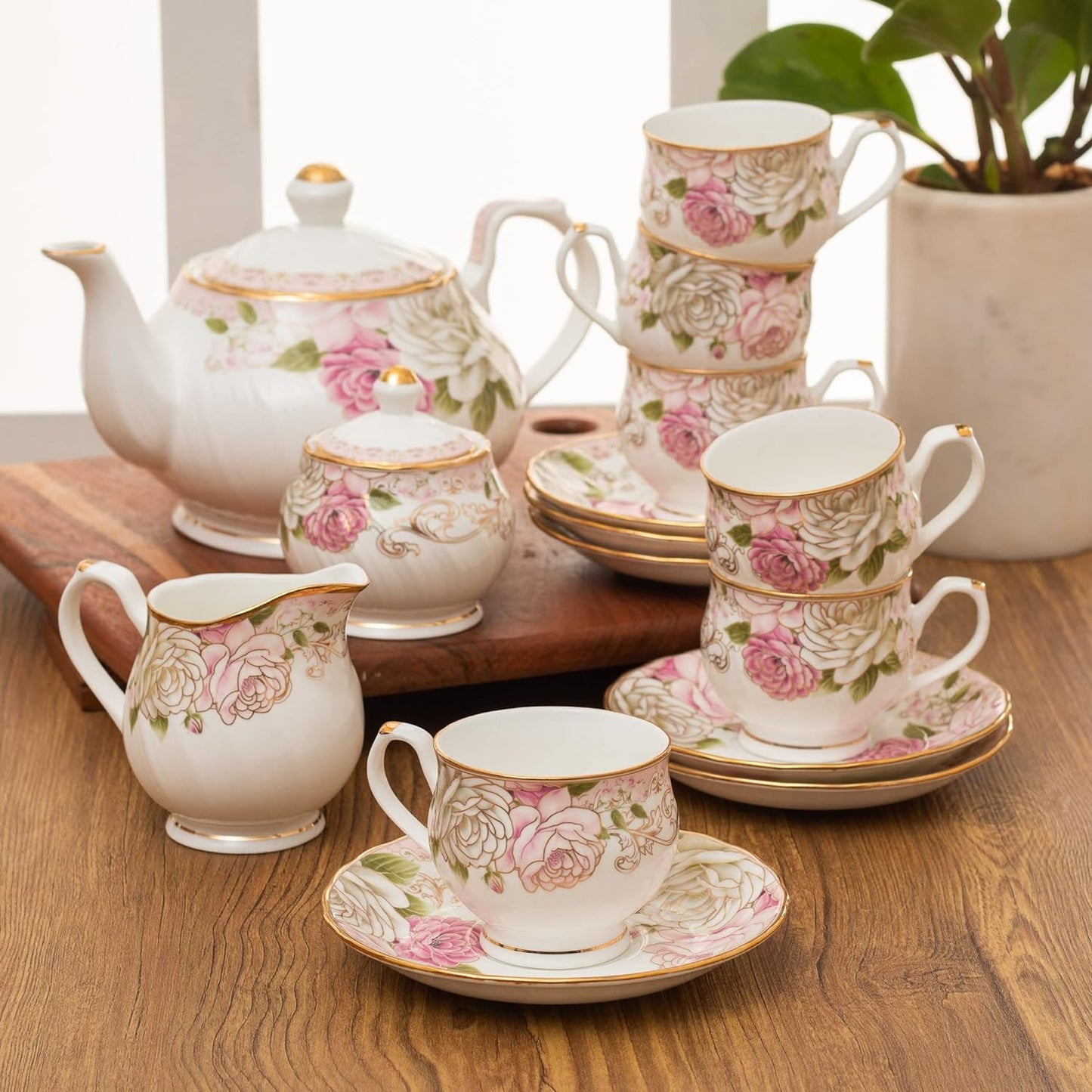 Karina Rose Gold Print Premium Fine Ceramic Tea Set of 15 Pcs (1 Kettle + 6 Cups + 6 Saucers + 1 Milk Pot + 1 Sugar Pot)