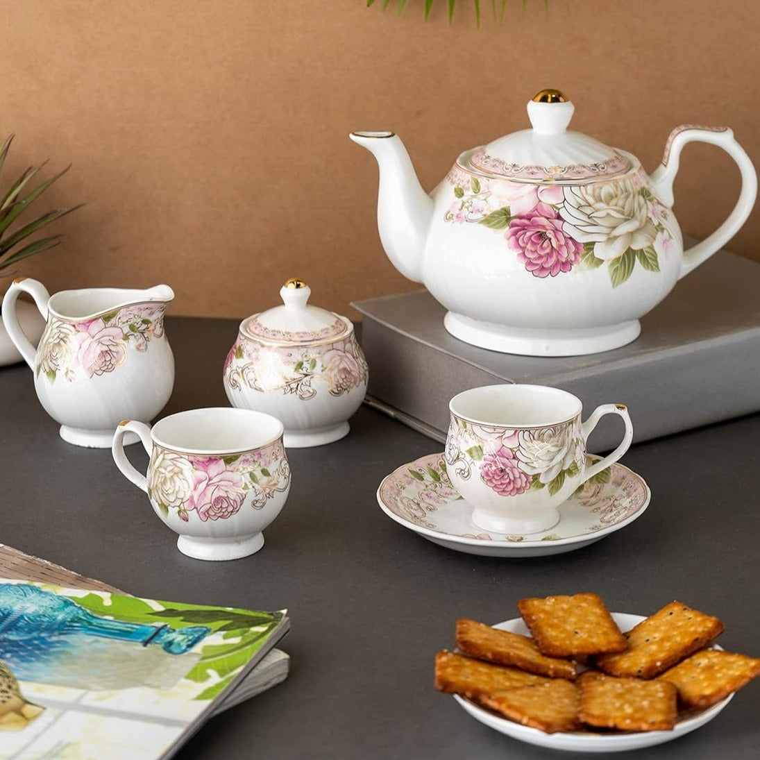 Karina Rose Gold Print Premium Fine Ceramic Tea Set of 15 Pcs (1 Kettle + 6 Cups + 6 Saucers + 1 Milk Pot + 1 Sugar Pot)