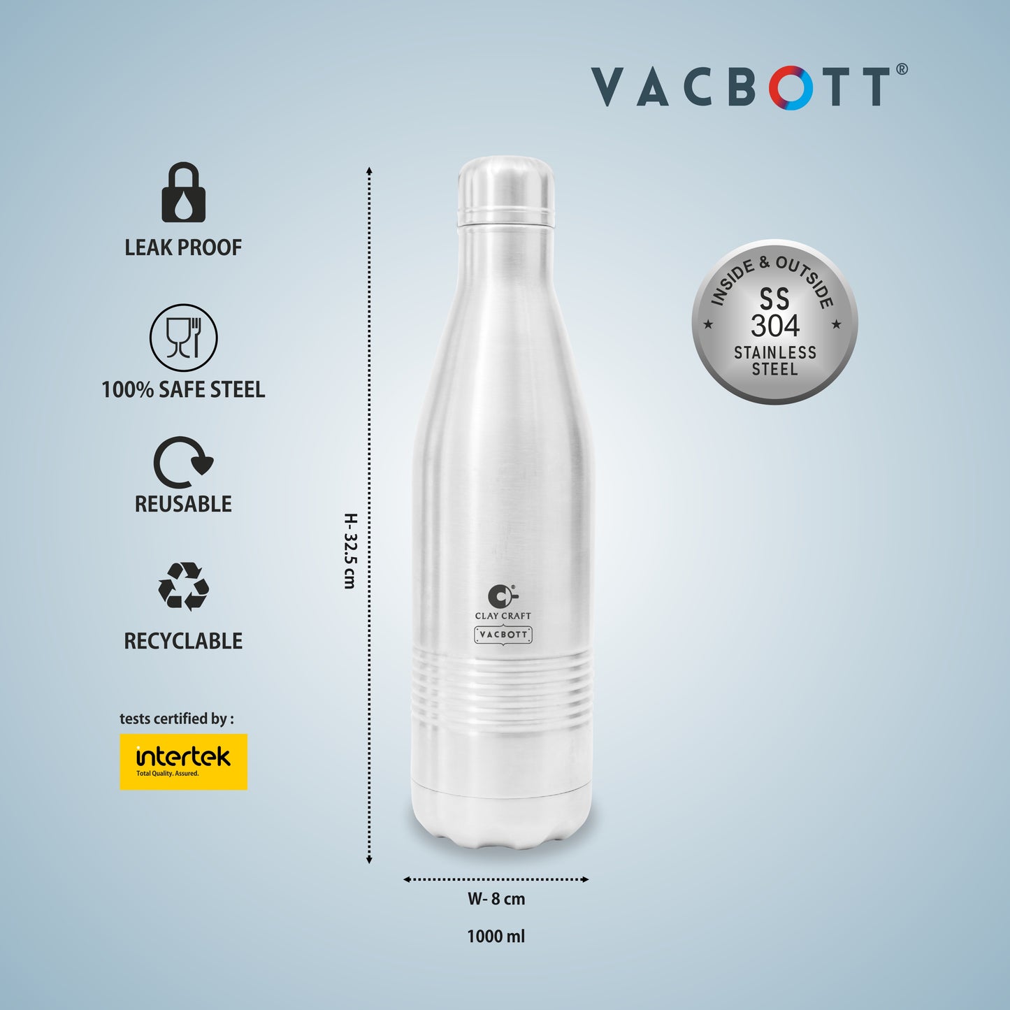 Vacbott Vaccum Bottle, Alley Double Walled 24 Hours Hot and Cold Water Bottle, Silver