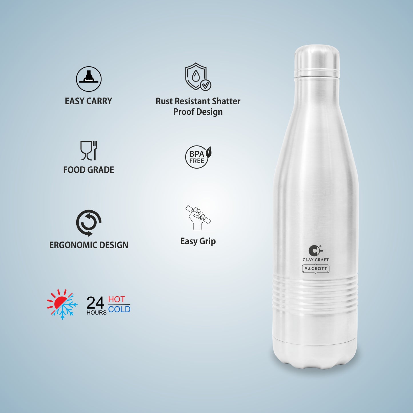 Vacbott Vaccum Bottle, Alley Double Walled 24 Hours Hot and Cold Water Bottle, Silver, BIS Certified