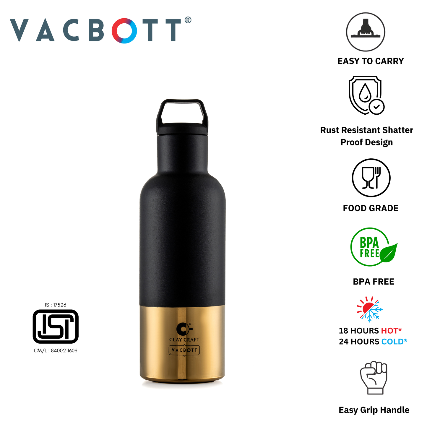 Vacbott Vacuum Bottle, Trekko Electro Double Walled 18 Hours Hot & 24 Hours Cold  Water Bottle Vacuum Insulated Hot & Cold Flask, 700/900ml