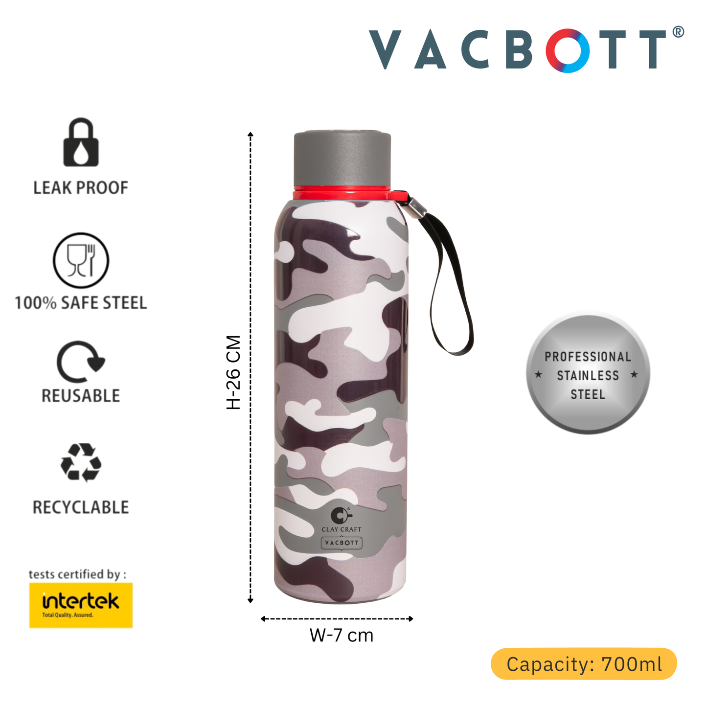 Vacbott Vacuum Bottle, Everest Military Double Walled 24 hours Cold & 18 hours Hot, 700ml