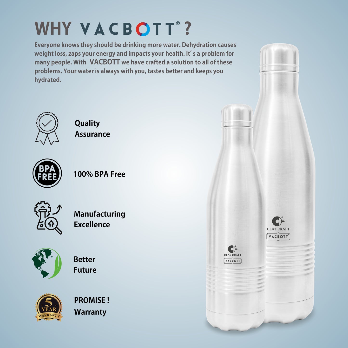Vacbott Vaccum Bottle, Alley Double Walled 24 Hours Hot and Cold Water Bottle, Silver, BIS Certified