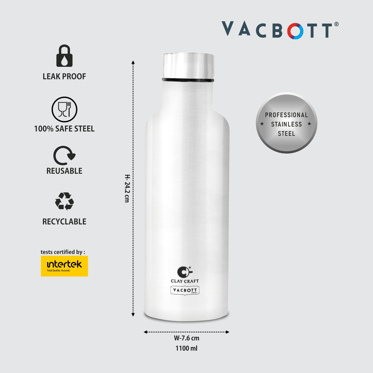 Vacbott Melissa Solo Single Walled Non Insulated Water Bottle, 1100ml