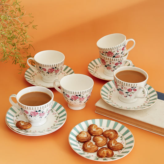 Magique by The Wishing Chair x Clay Craft, Portrait of a Rose King Cup & Saucer, Set of 12, 180ml, (6 Cups + 6 Saucers)