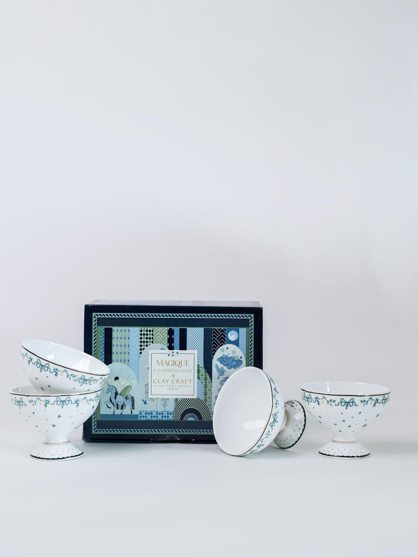 Magique by The Wishing Chair x Clay Craft, Emerald Ribbon Ice Cream Bowls Set of 4, 160 ml (T03)