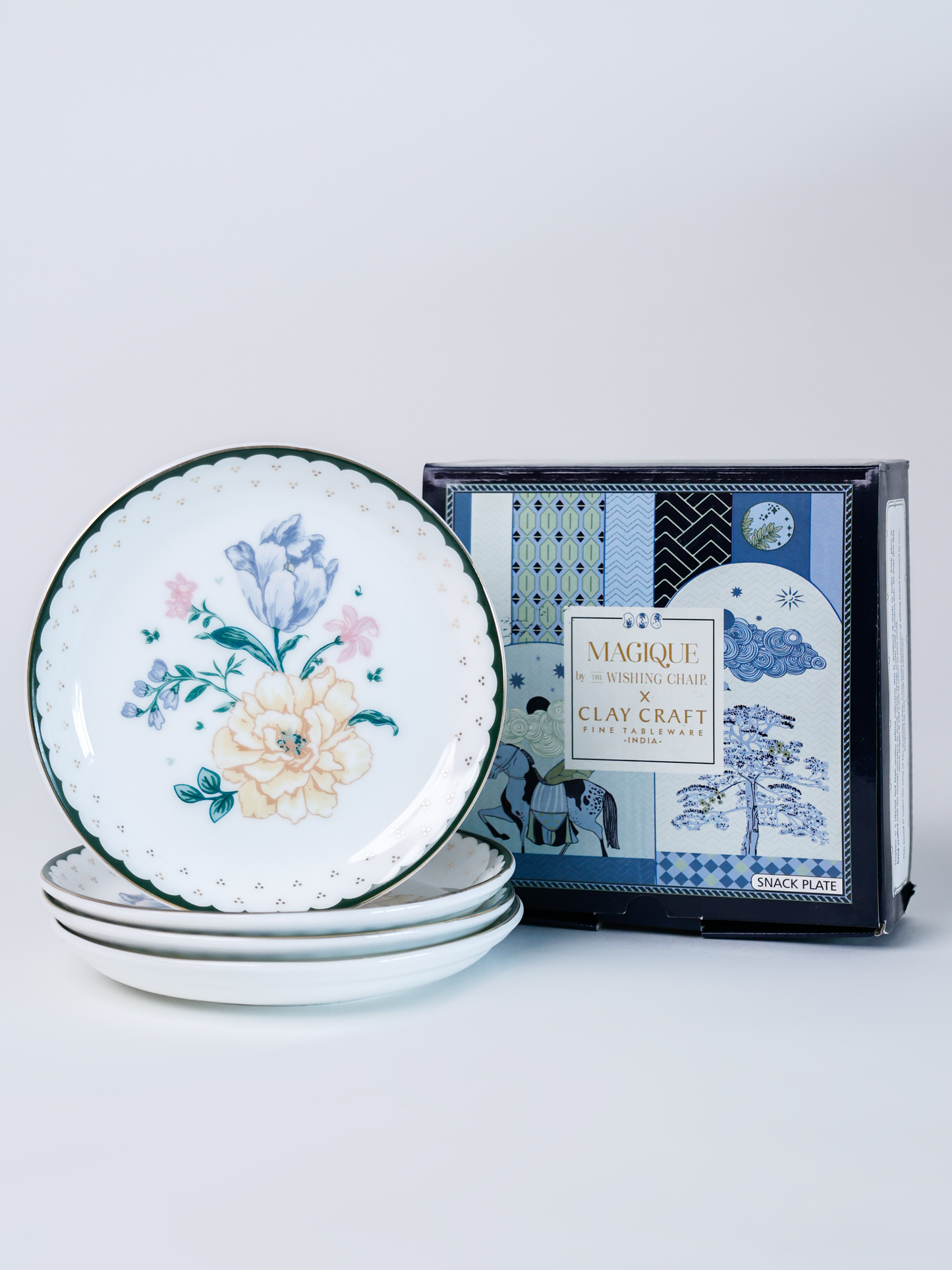 Magique by The Wishing Chair x Clay Craft, Emerald Ribbon Urmi Plates 5.5",  Set of 4 (T03)