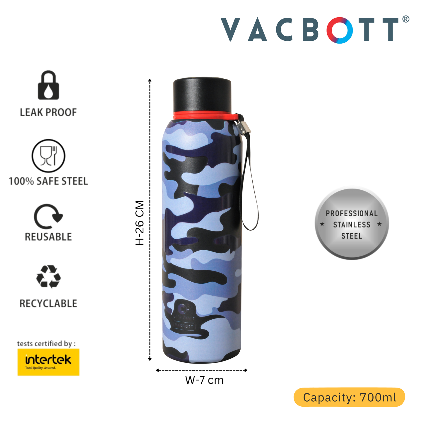 Vacbott Vacuum Bottle, Everest Military Double Walled 18 Hours Hot & 24 Hours Cold  Water Bottle Vacuum Insulated Hot & Cold Flask, 700ml
