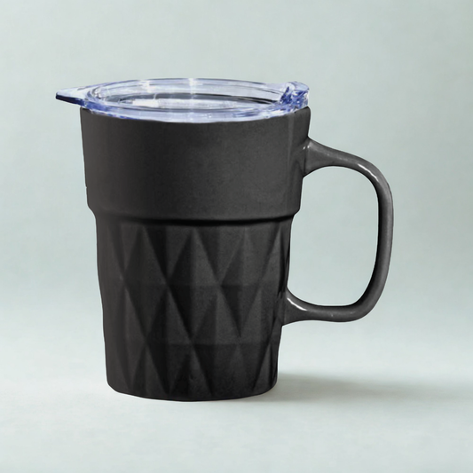Clay Craft Jewel Diamond Pebble Black Ceramic Mug with Acrylic Lid – 350 ml, Perfect for Tea, Coffee & Milk
