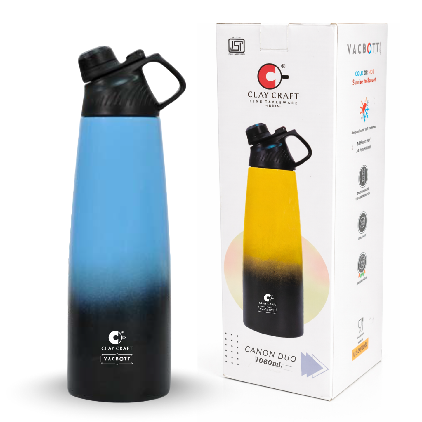 Vacbott Vacuum Bottle, Canon Duo Double Walled 24 Hours Cold and 18 Hours Hot Water Bottle, 1060ml