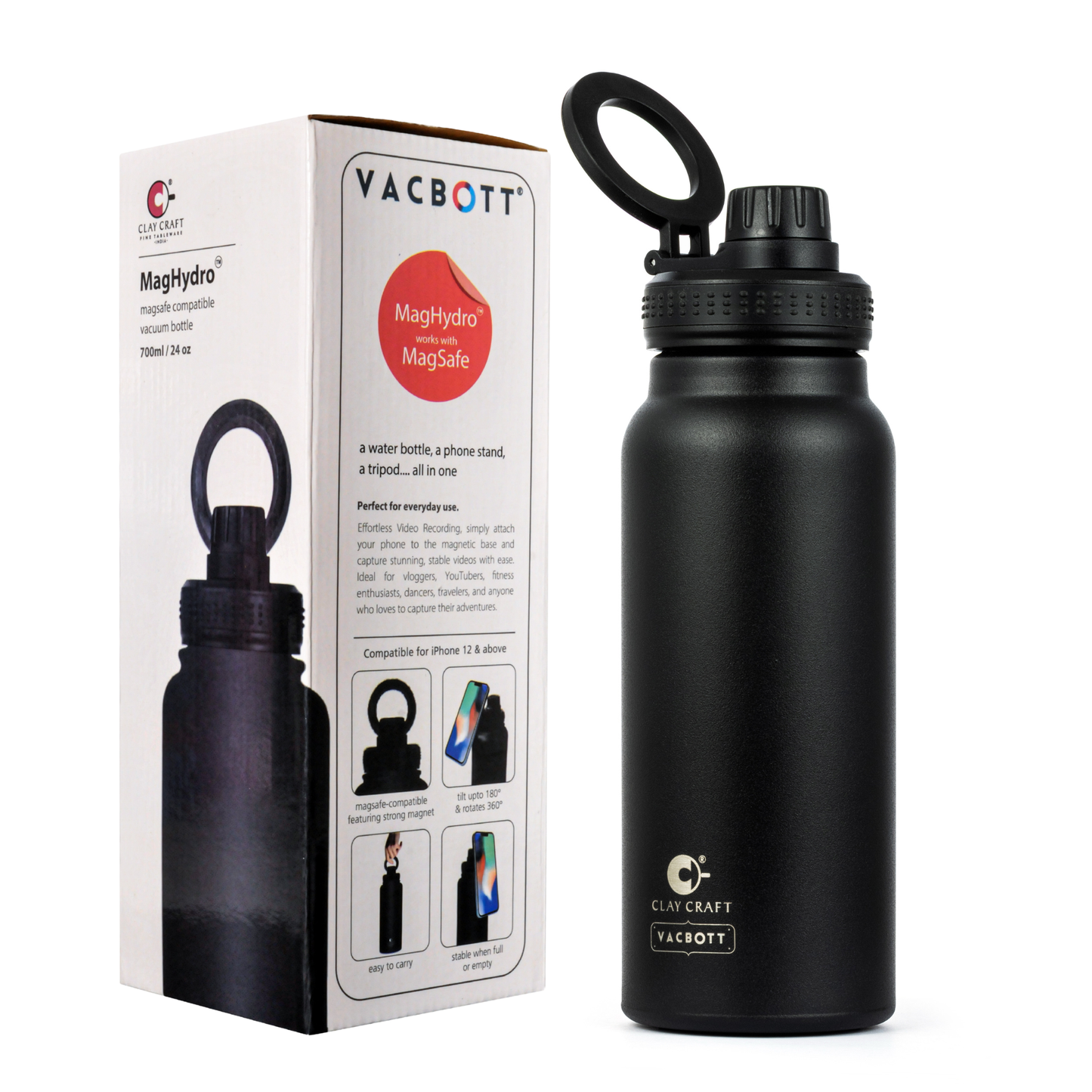 Vacbott MagHydro™, MagSafe Compatible Vacuum Insulated Double Walled Water Bottle 18 Hrs Hot & 24 Hrs Cold, Phone Stand, Tripod, Stainless Steel Flask, BIS Certified, 700ml
