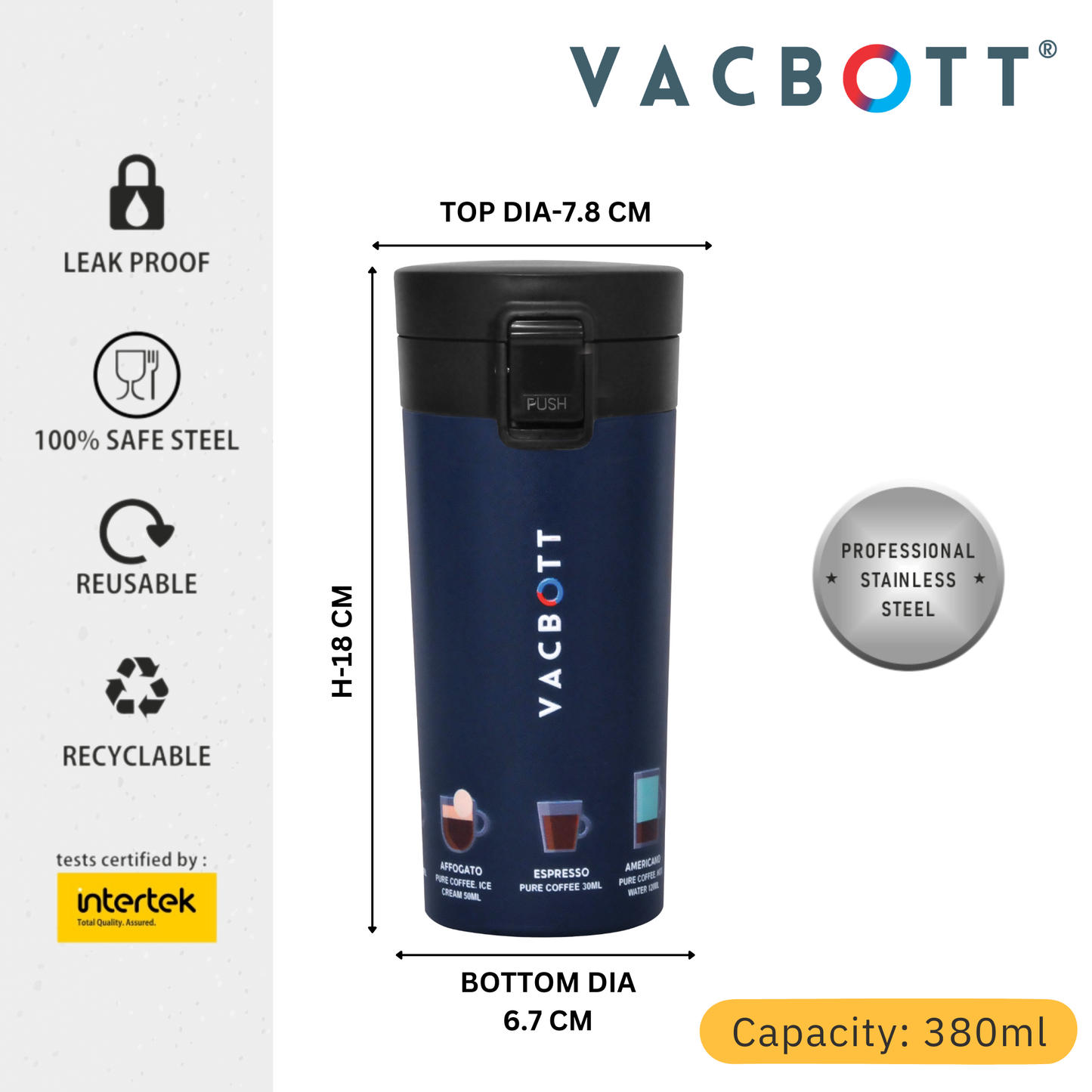 Vacbott Vacuum Insulated Caferoma Printed Tumbler Double Walled 18 Hours Hot & 24 Hours Cold  Water Bottle Vacuum Insulated Hot & Cold Flask Mug