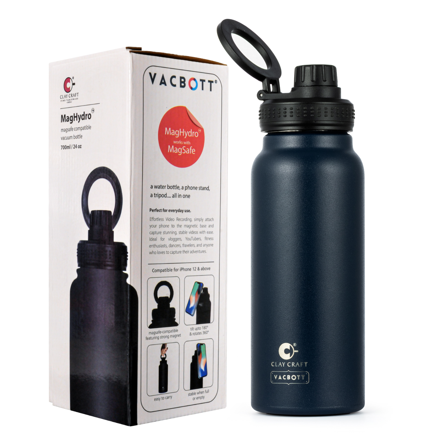 Vacbott MagHydro™, MagSafe Compatible Vacuum Insulated Double Walled Water Bottle 18 Hrs Hot & 24 Hrs Cold, Phone Stand, Tripod, Stainless Steel Flask, BIS Certified, 700ml