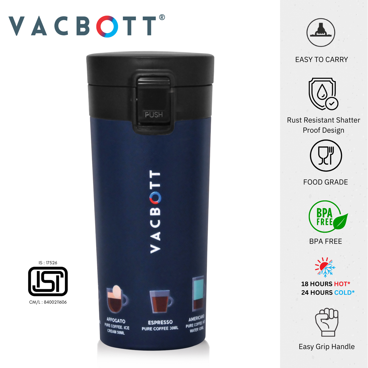 Vacbott Vacuum Insulated Caferoma Printed Tumbler Double Walled 18 Hours Hot & 24 Hours Cold  Water Bottle Vacuum Insulated Hot & Cold Flask Mug