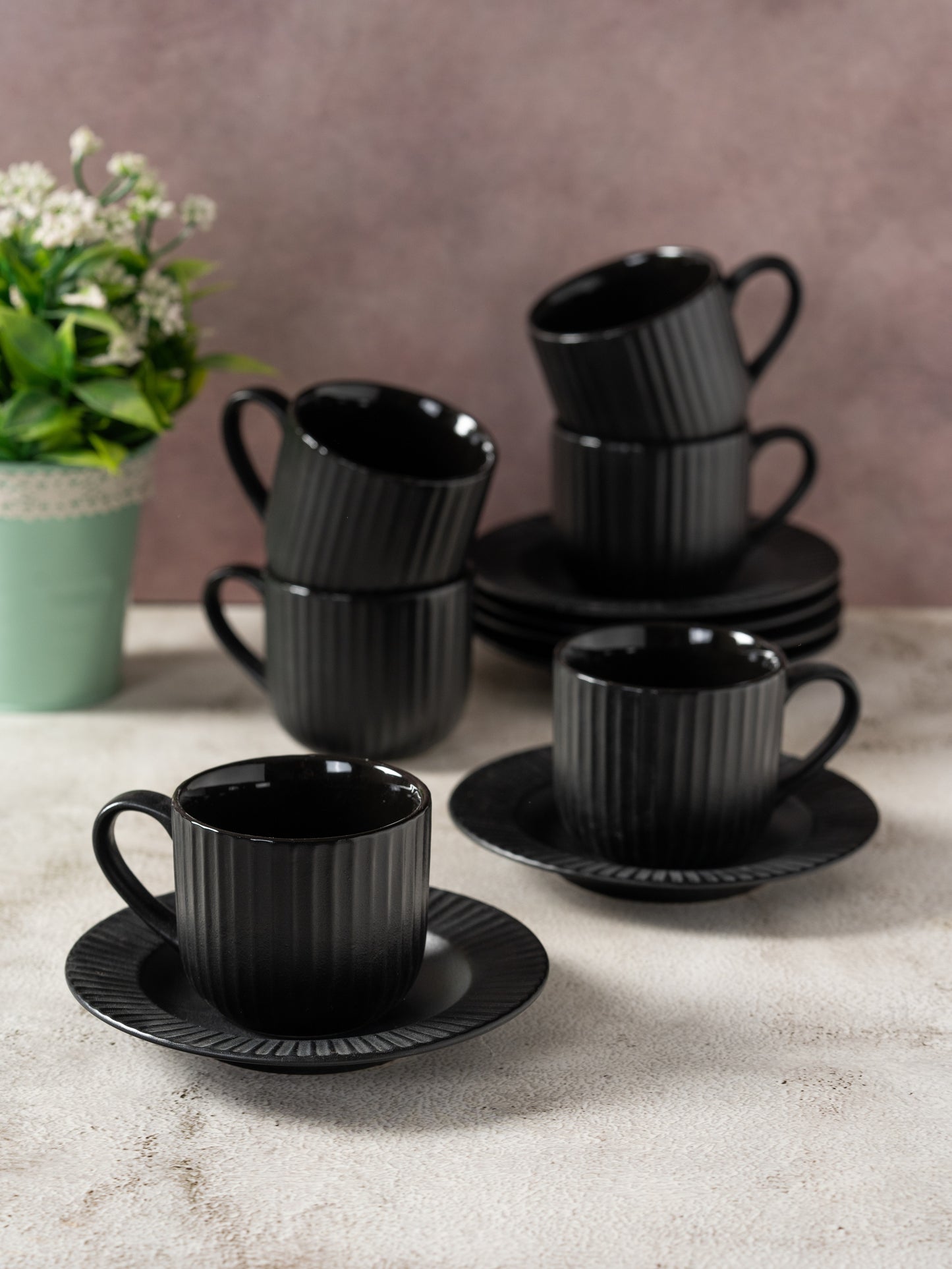 Linea Pebble Black Cup & Saucer, Set of 12 (6 Cups + 6 Saucers), 170 ml