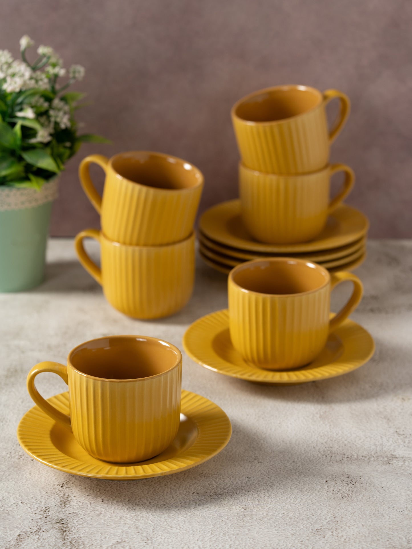 Linea Pebble Mustard Cup & Saucer, Set of 12 (6 Cups + 6 Saucers), 170 ml