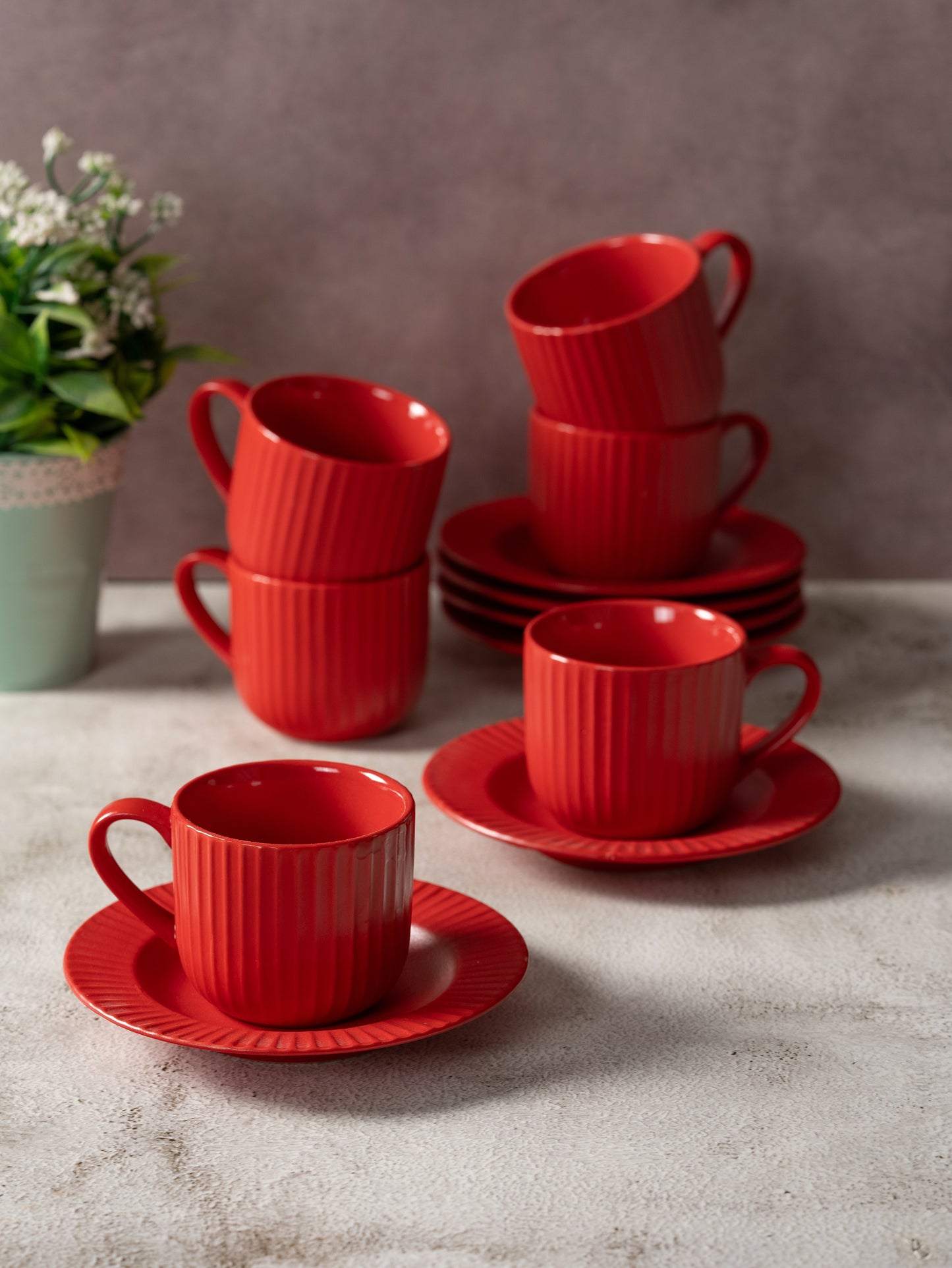 Linea Pebble Red Cup & Saucer, Set of 12 (6 Cups + 6 Saucers), 170 ml