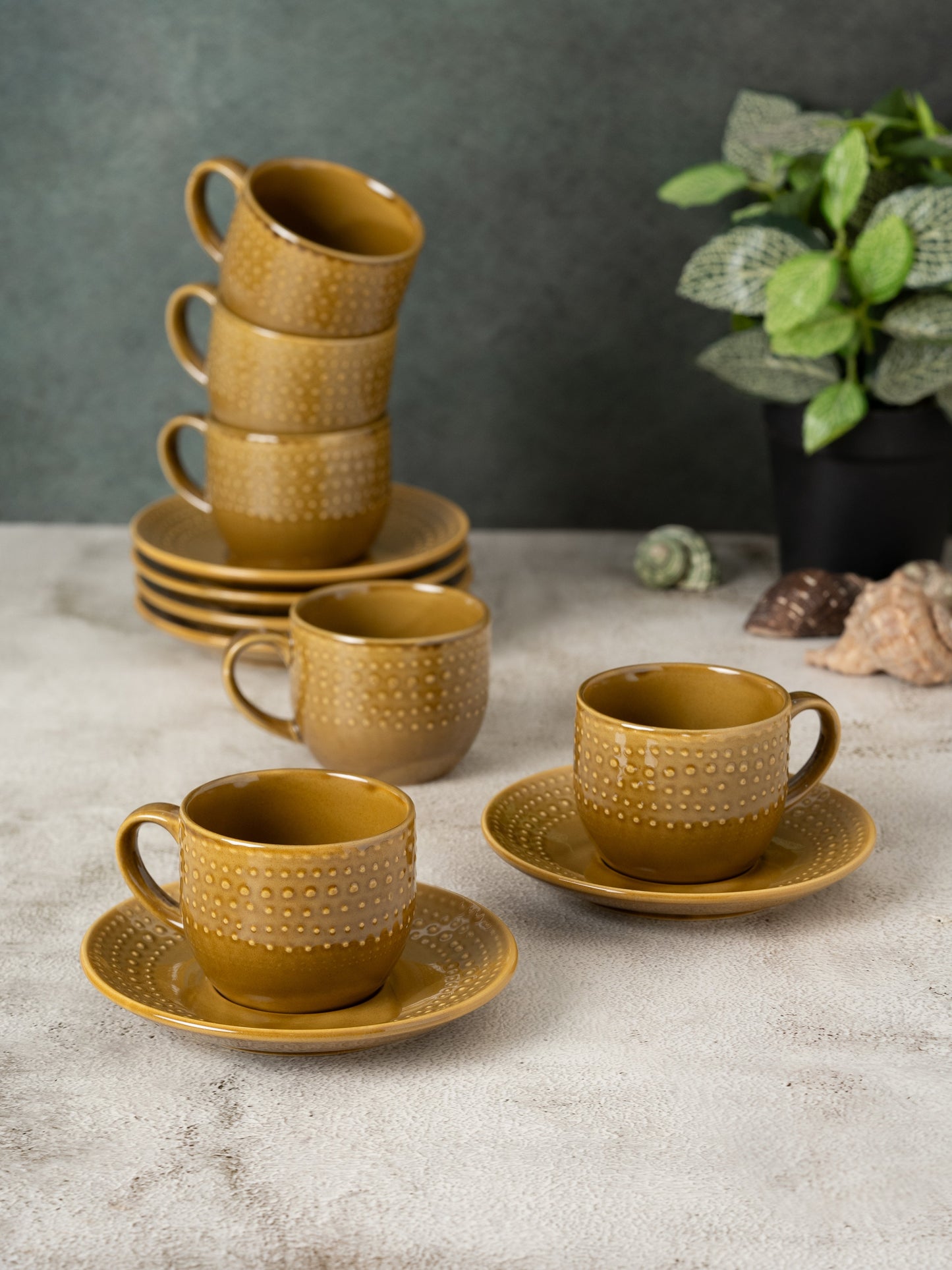 Apex Pebble Brown Cup & Saucer, Set of 12 (6 Cups + 6 Saucers), 180 ml