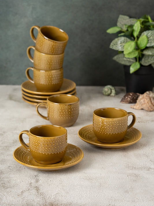 Apex Pebble Brown Cup & Saucer, Set of 12 (6 Cups + 6 Saucers), 180 ml