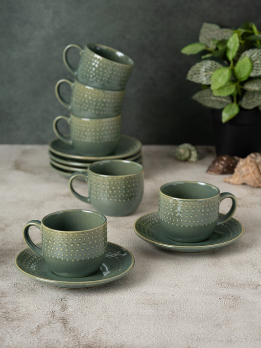 Apex Pebble Green Cup & Saucer, Set of 12 (6 Cups + 6 Saucers), 180 ml