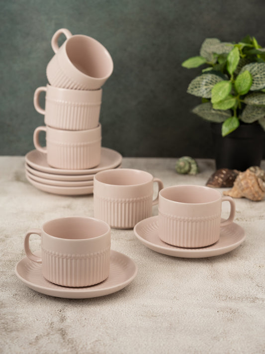 Crimson Matte Plebble IVORY Cup & Saucer, Set of 12 (6 Cups + 6 Saucers), 210 ml