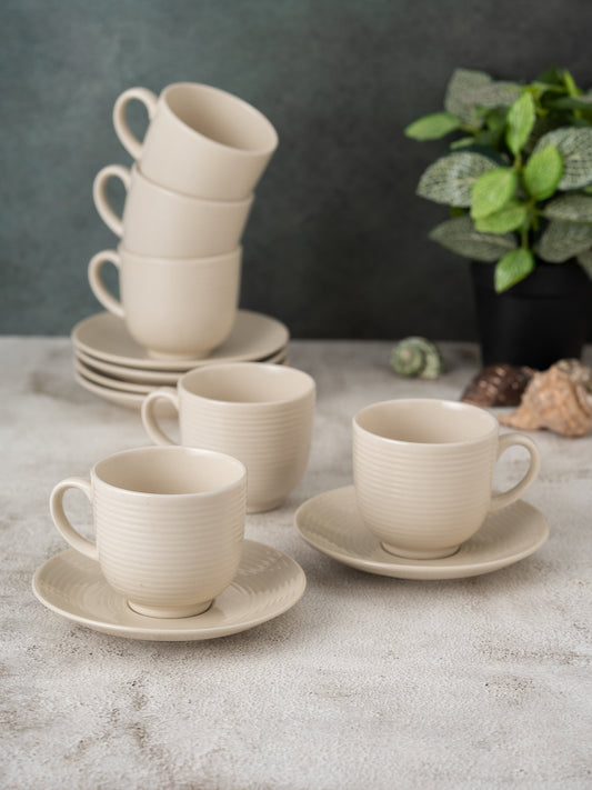 Horizon Pebble IVORY Cup & Saucer, Set of 12 (6 Cups + 6 Saucers), 220 ml